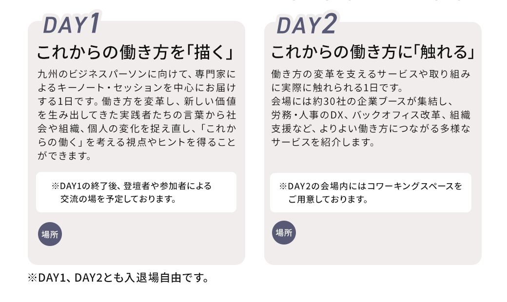 DAY1 これからの働き方を｢描く｣　福岡のビジネスパーソンに向けて、専門家によるキーノート・セッションを中心にお届けする1日です。働き方を変革し、新しい価値を生み出してきた実践者たちの言葉から社会や組織、個人の変化を捉え直し、「これからの働く」を考える視点やヒントを得ることができます。　DAY2 これからの働き方を「体感する」　働き方の変革を支えるサービスや取り組みに実際に触れられる1日です。会場には約30社の企業ブースが集結し、労務・人事のDX、バックオフィス改革、組織支援など、よりよい働き方につながる多様なサービスを紹介。