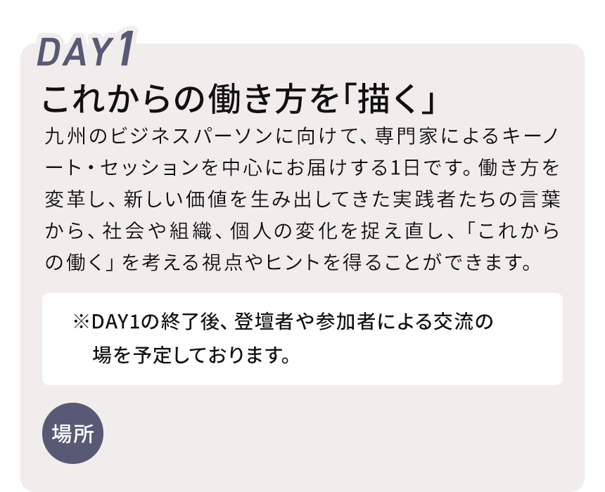 DAY1 これからの働き方を｢描く｣　福岡のビジネスパーソンに向けて、専門家によるキーノート・セッションを中心にお届けする1日です。働き方を変革し、新しい価値を生み出してきた実践者たちの言葉から社会や組織、個人の変化を捉え直し、「これからの働く」を考える視点やヒントを得ることができます。